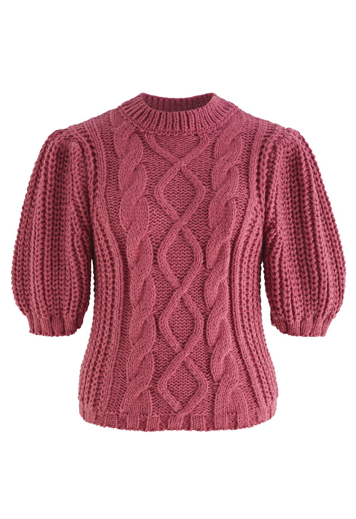 Bubble Sleeve Braided Ribbed Sweater in Magenta | Chicwish