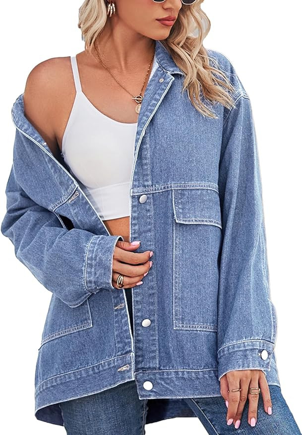 PAODIKUAI Women's Oversized Denim Jacket Casual Long Sleeve Vintage Jean Jacket Top Coat with Poc... | Amazon (US)