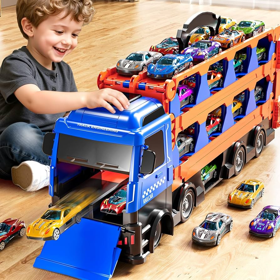 Cars Truck Set Transport Toy for Kids, Race Track Set with 12 Die-Cast Cars, Trucks Playset, 2-Ti... | Amazon (US)