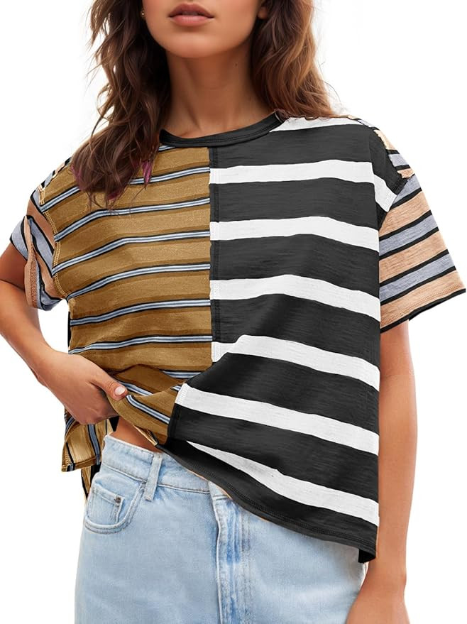 Tankaneo Womens Summer Striped Shirts Casual Color Block Short Sleeve Tops Loose Fit Crew Neck Te... | Amazon (US)