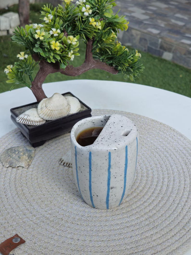 Blue Striped Ceramic Thermos – Handmade Stoneware Travel Mug, Eco Reusable To-go Cup, Rustic Po... | Etsy (US)