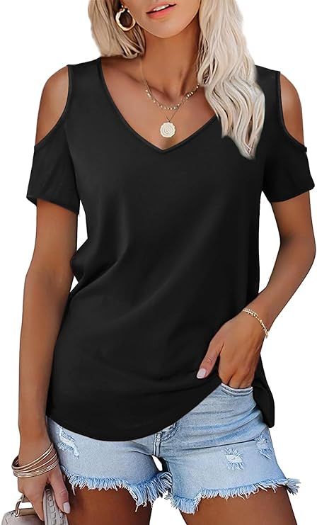 Amoretu Women's Shirts Cold Shoulder Tops V Neck Blouse Tunic Shirts | Amazon (US)
