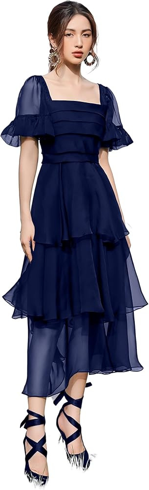 Sheer Silk Organza Ruffle Tiered Midi Dress Short Sleeves Formal Evening Wedding Guest Dress | Amazon (US)