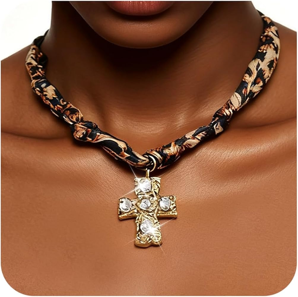 Jean Beau Scarf Bandana Necklace for Women Chunky Gold Charms Oversize With Cross Pendant Boho Vi... | Amazon (US)