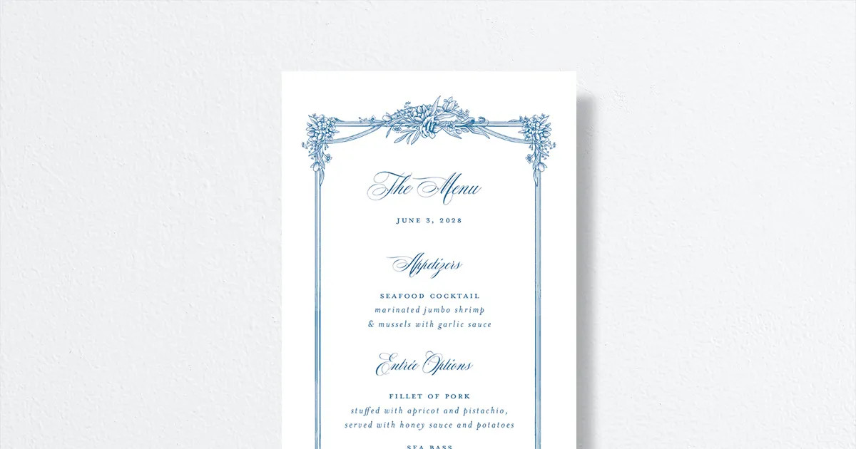 Elegant Antique Toile Frame Menus by Bridgerton | The Knot 