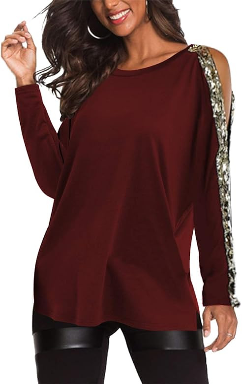 Cold Shoulder Long Sleeves Tops for Women Loose Casual Pullovers Cut Out Shirts Blouses | Amazon (US)