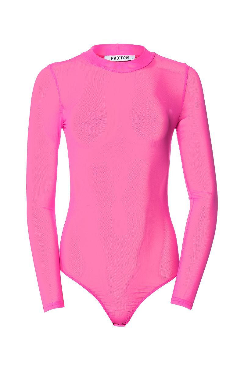 PAXTON SEXY SINGLE MESH LONG SLEEVE BODYSUIT IN PINK | AKIRA