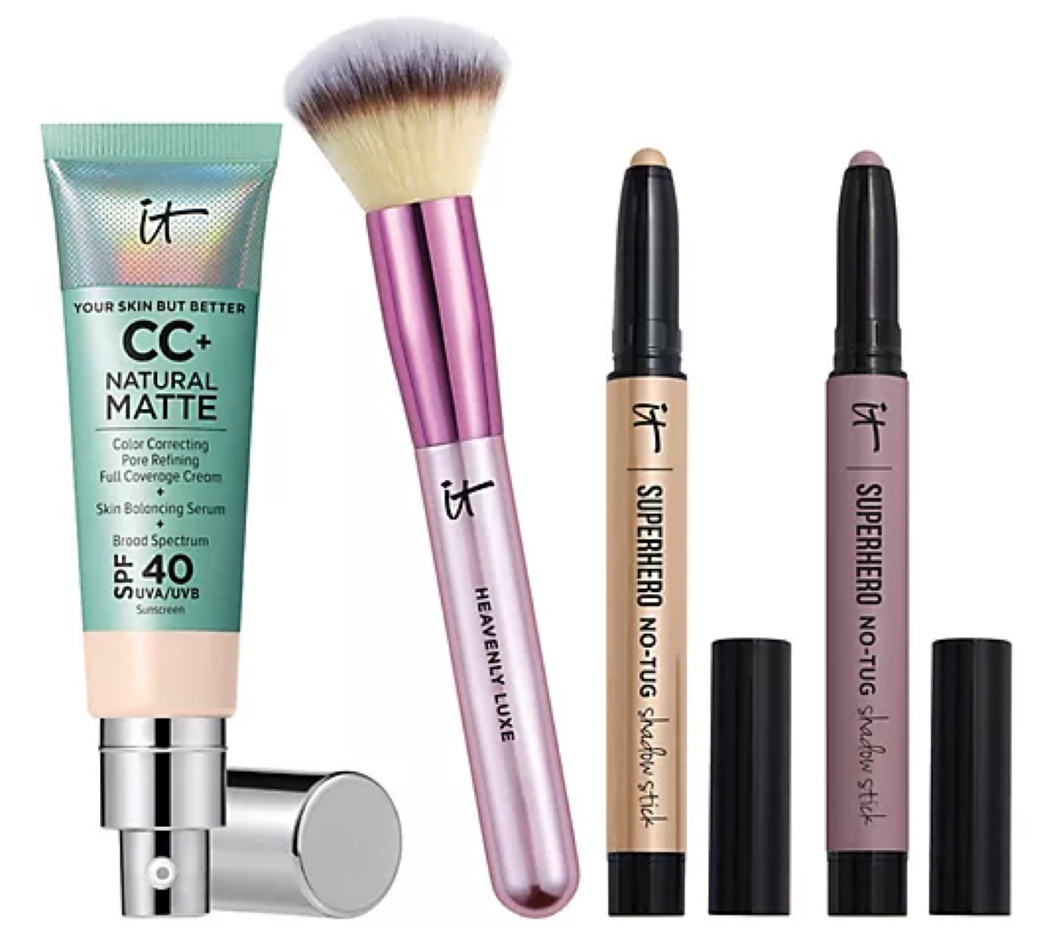 Complexion perfection + luminous lids -- this four-piece foundation and shadow stick collection from IT Cosmetics features the tools you need to put your best face forward!

CC+ Cream Natural Matte Foundation with SPF 40 is your full-coverage foundation and hydrating serum in one sweat-proof formula with a weightless feel! Suitable for sensitive skin, it provides up to 16-hour wear and helps blur the look of pores with a matte, never-flat-looking finish. Plus, it delivers 24-hour hydration.

Create limitless eye looks easily with Superhero No-Tug Shadow Sticks in one shimmery and one matte shade. Each stick glides onto eyelids without tugging or pulling, The formula is super buildable and blendable for all-day wear. Wear alone or layer together for a more dramatic look.

Achieve flawless foundation application every time with the special-edition Heavenly Luxe Complexion Brush. The ultra-plush makeup brush helps blur away the look of imperfections and build coverage with liquid and cream foundation, creating an airbrushed-looking finish.

How do I use it: Apply one to two pumps of foundation to clean skin. Use the complexion brush to blend foundation in circular motions, gradually blending for even coverage.

Smooth shadow stick directly onto your eyelids. Use fingertips or a brush to blend, define, and highlight the entire eye area.


#LTKBeauty #LTKBacktoSchool #LTKOver40