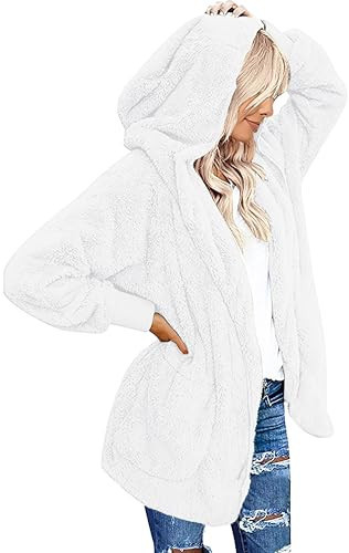 CHICGAL Women's Fuzzy Sweaters Jacket Coat Open Front Hooded Fleece Cardigan Outwear with Pockets (White, 2XL) | Amazon (US)