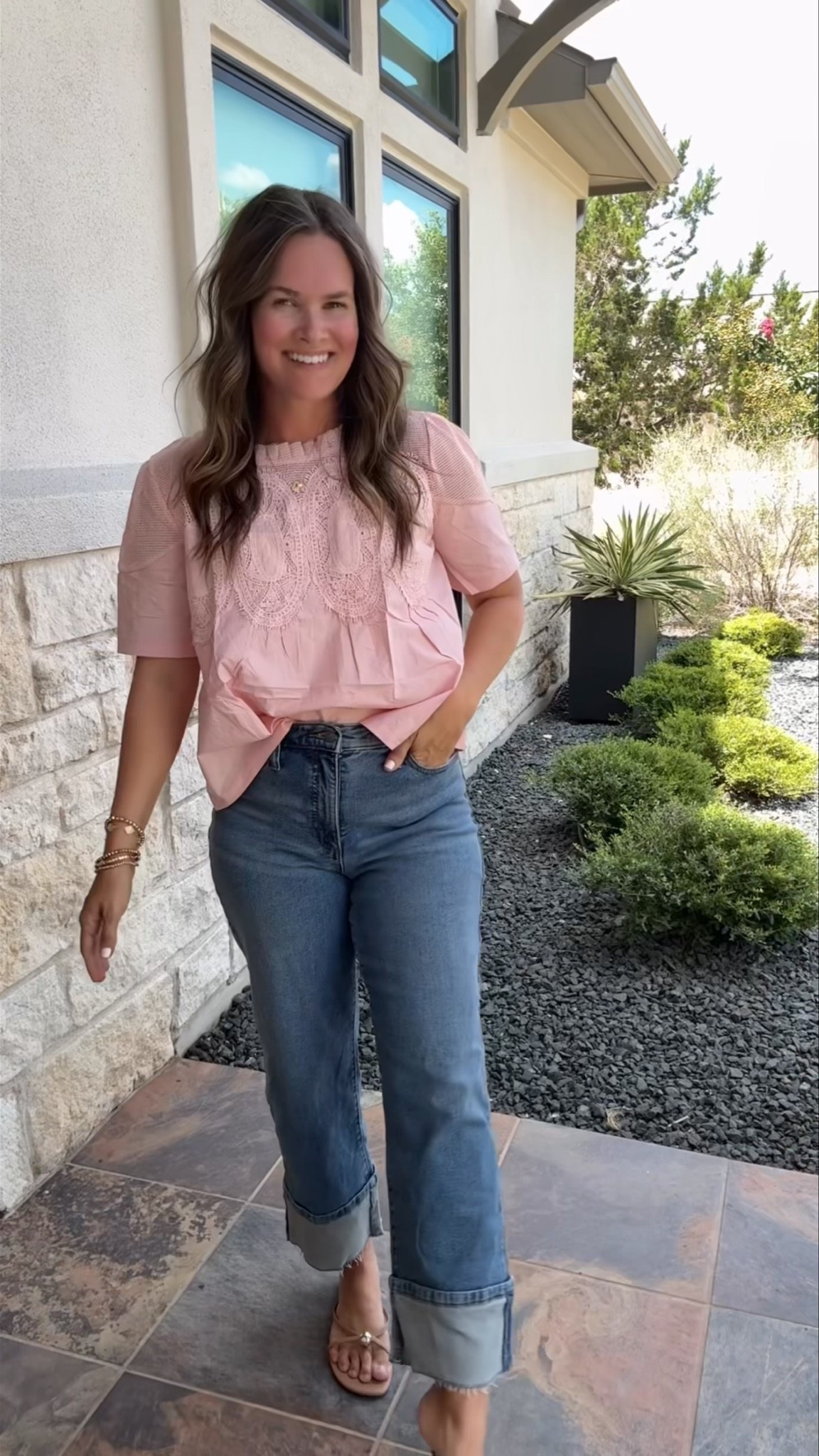 One of my favorite Amazon teacher outfits! 🌸 This pretty pink blouse paired with cuffed denim is perfect for back-to-school and casual Fridays