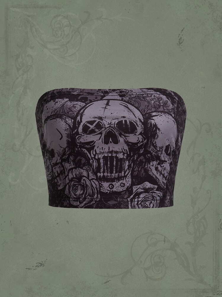Goth Skull & Floral Print Tube Top | SHEIN