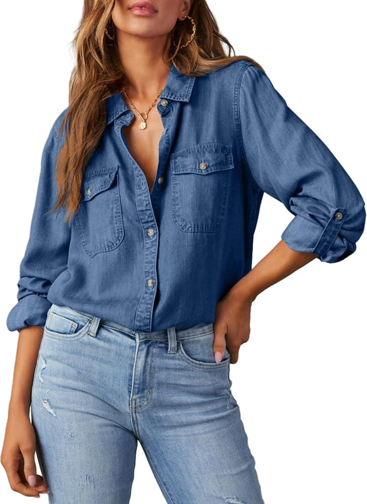 Astylish Women Button Down Denim Shirts Casual Long Sleeve V Neck Chambray Blouse Top | Amazon (US)