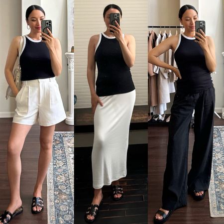 Abercrombie tank styled 3 ways — a great bump-friendly tank since it’s so stretchy and on sale for 15% off (plus an additional 15% using the code: DRESSFEST)

Tank - sized up to a medium (I’m usually a small at Abercrombie)
Shorts tts 
Skirt xs 
Madewell pull-on pants xs 

#LTKSaleAlert #LTKFindsUnder100