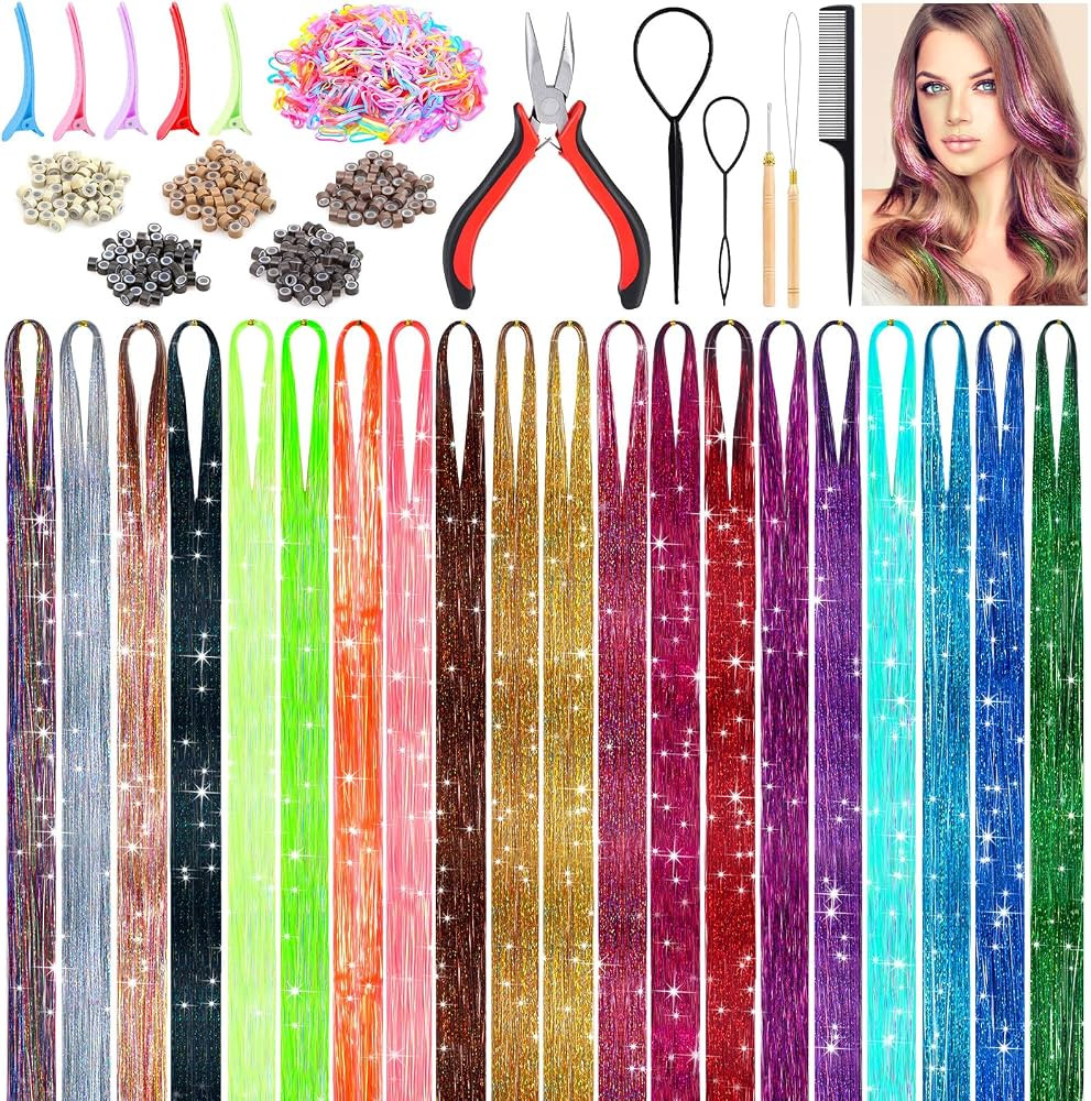 6000 Strands Hair Tinsel Kit in 20 Colors, Glitter Tinsel Hair Extensions Kit Heat-resistant, Fai... | Amazon (US)