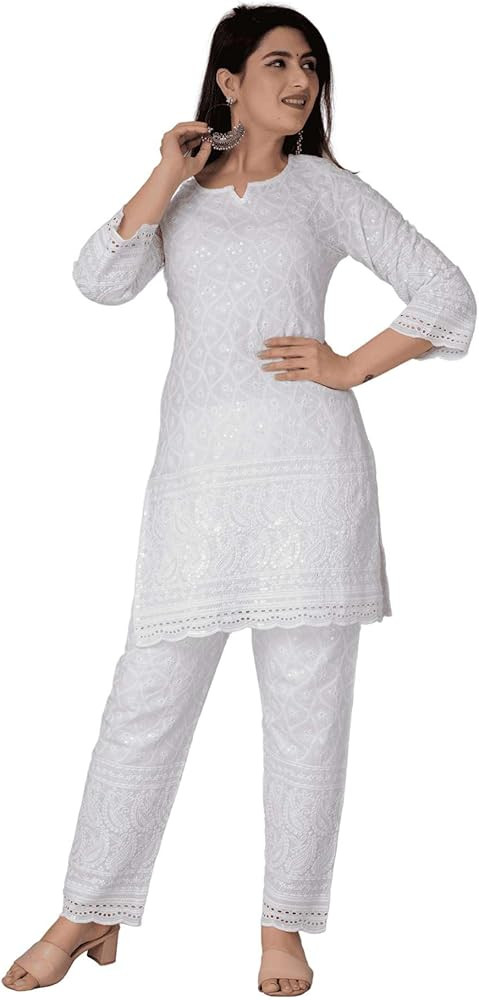 JG JAI GOVINDAM Chikankari Cotton Indian Kurtis For Women Summer Dresses Tunic Top Pant Set Pakis... | Amazon (US)