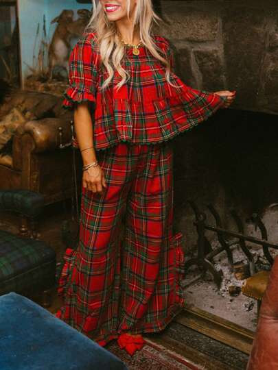 Women Christmas Puff Sleeve Plaid Pajama Set Gingham Babydoll 2 Piece Pj Set Short Sleeve Ruffle ... | SHEIN