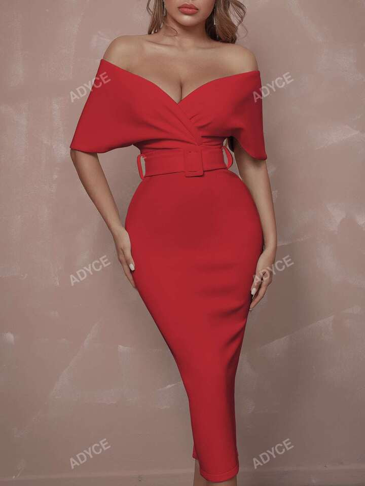ADYCE Off-The-Shoulder Off Shoulder Backless Front Buckle Belted Prom Cocktail Party Midi Dress | SHEIN