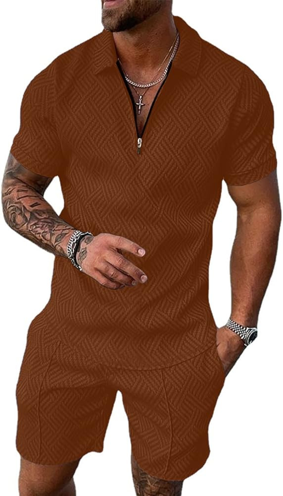 Aulemen Mens 2 Piece Zip Tracksuit Short Sleeve Print Polo Shirt and Shorts Sets Summer Outfits f... | Amazon (US)