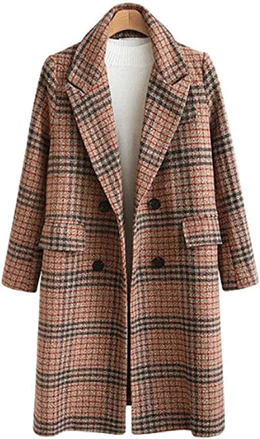 Chartou Women's Winter Oversize Lapel Collar Woolen Plaid Double Breasted Long Peacoat Jacket | Amazon (US)