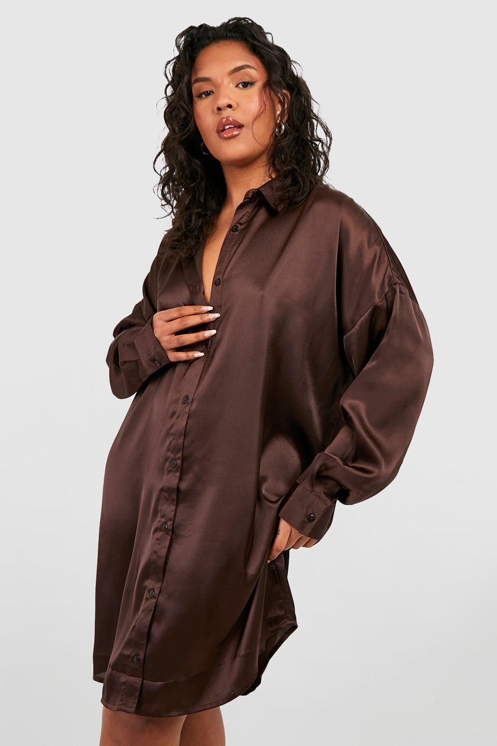 Womens Plus Satin Shirt Dress - Brown - 24 | Boohoo.com (US & CA)