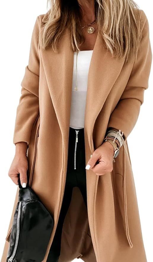 Womens Classic Coat Lapel Collar Open Front Belted Long Jacket | Amazon (US)