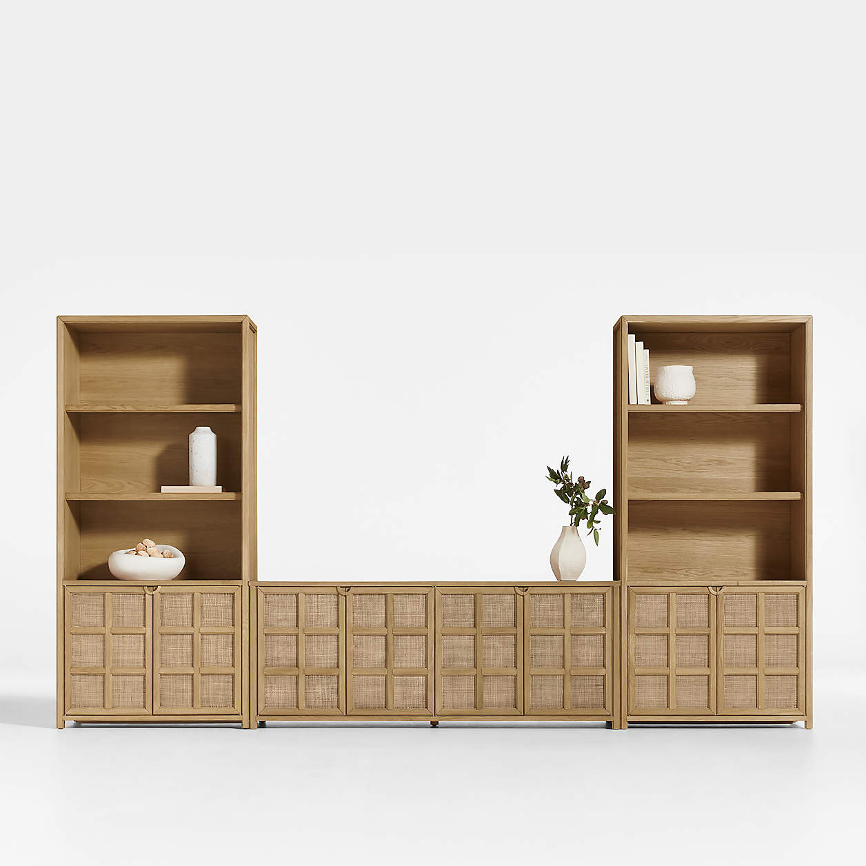 Campagna 172" Rattan and Natural Oak Wood Storage Media Console Set + Reviews | Crate & Barrel | Crate & Barrel