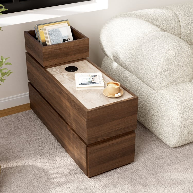 Travertine Stone Top Narrow Smart Side Table with Storage | Homary