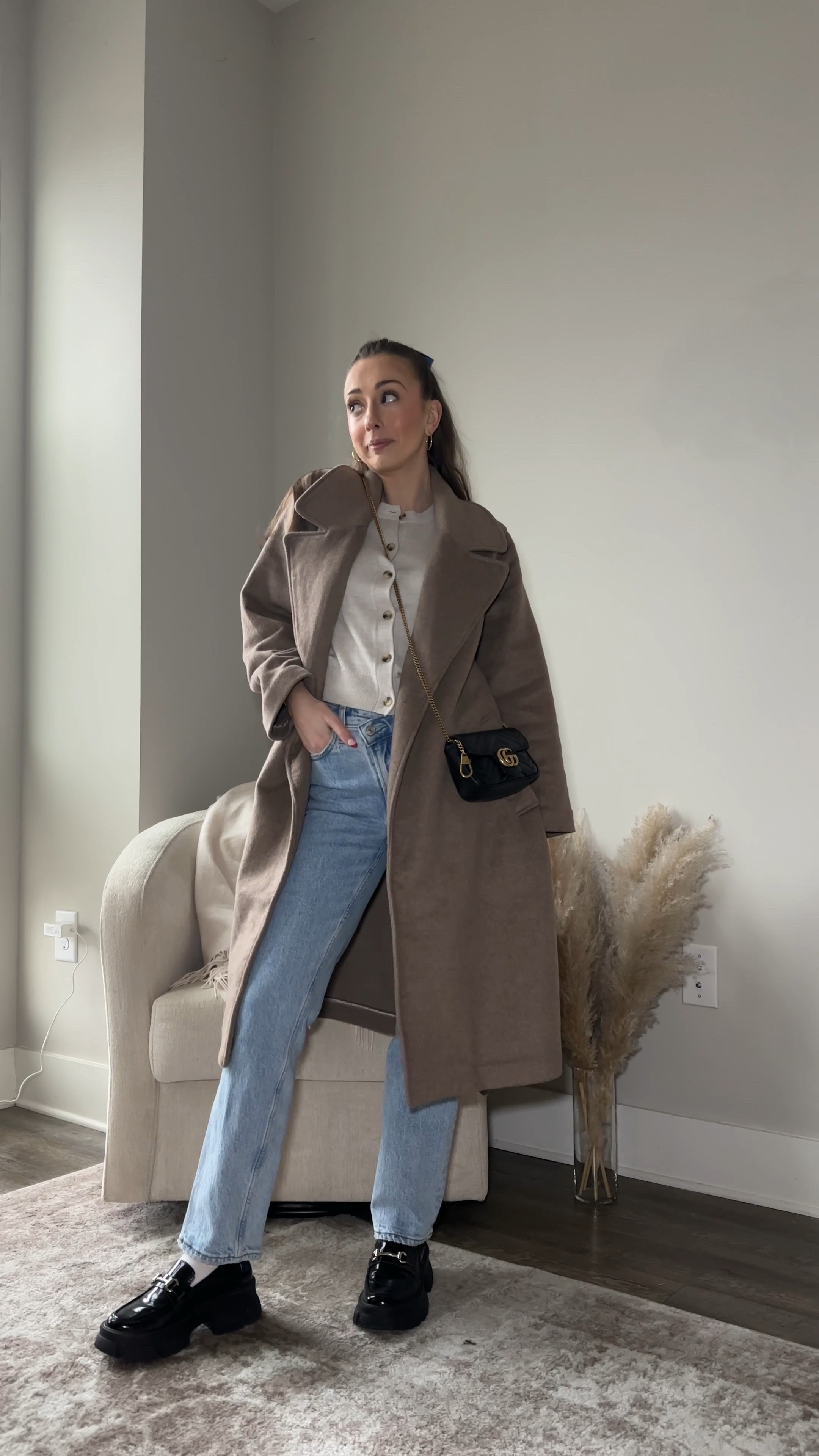 Abercrombie Brown Wool Coat (available in Camel, Grey & Black), with Aritzia Grey Button Down Cardigan, Abercrombie Light Wash 90s Straight Leg Jean tied together with Steve Madden Loafers and a blue hair ribbon 🎀 #LTKFind 

#LTKGiftGuide #LTKstyletip #LTKSeasonal