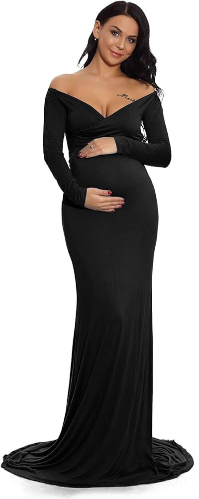 ZIUMUDY Maternity Off Shoulder Photo Shoot Photography Dress Solid Color Baby Shower Dress | Amazon (US)