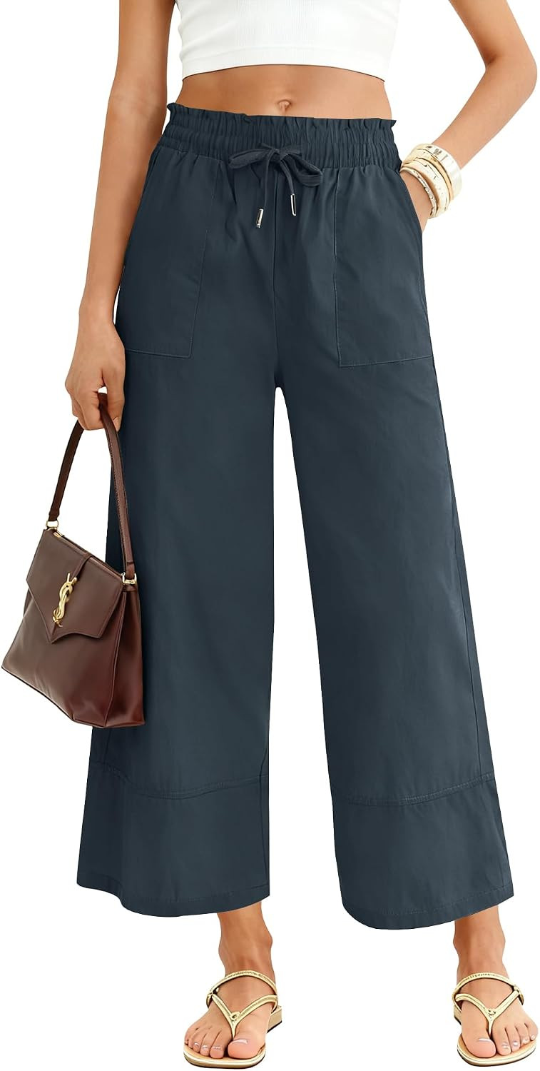 LOMON Women's Casual Wide Leg Pants Drawstring Elastic Waist Flowy Palazzo Pants with Pockets | Amazon (US)