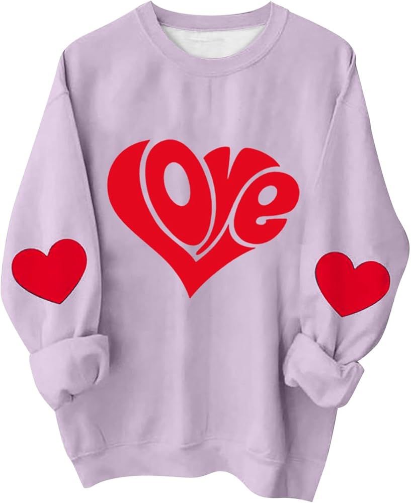 Valentines Day Sweater Womens Cute Love Heart Graphic Tees Loose Fit Long Sleeve Crewneck Pullove... | Amazon (US)