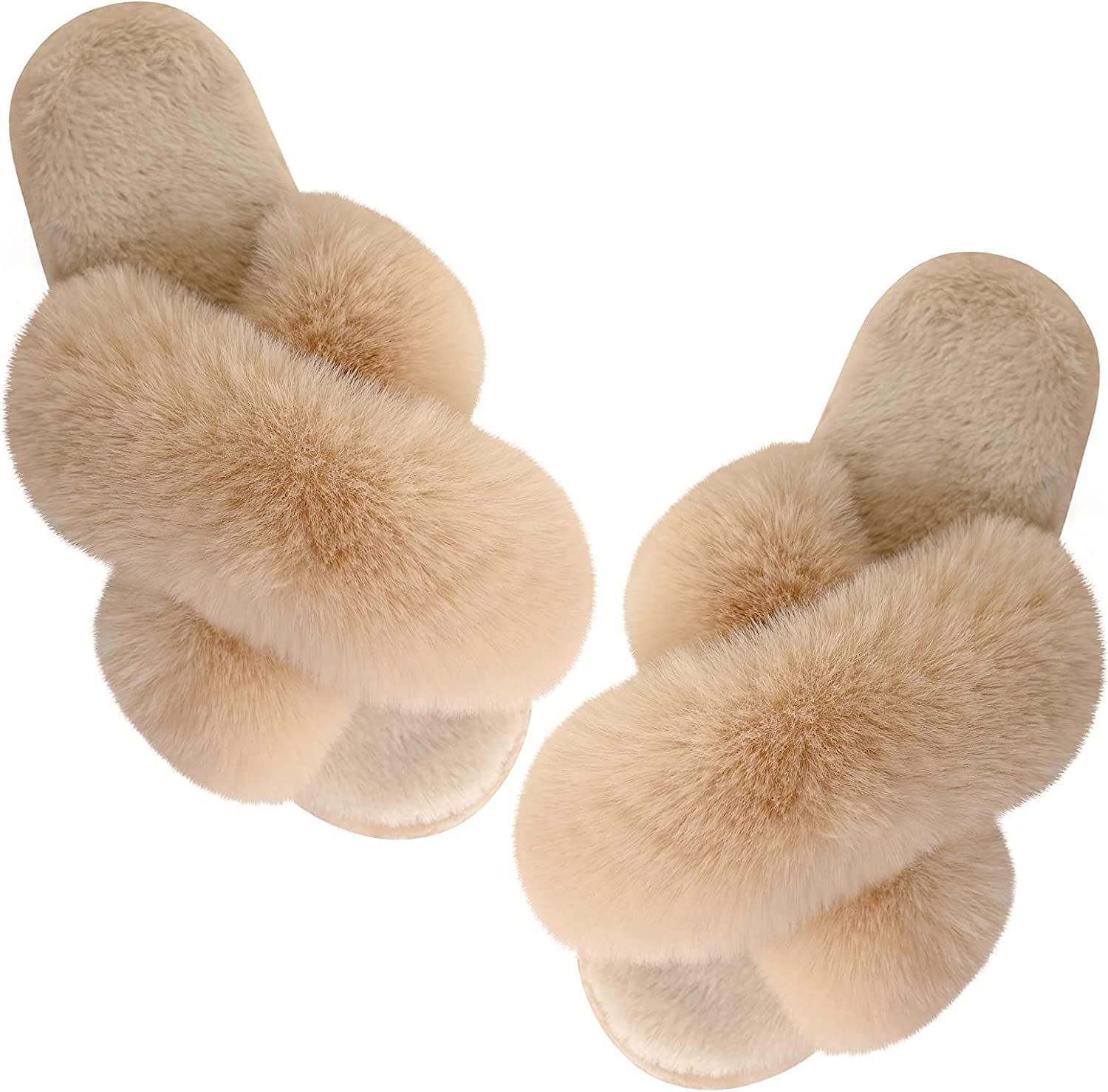 Women's Cross Band Slippers Fuzzy Soft House Slippers Plush Furry Warm Cozy Open Toe Fluffy Home ... | Amazon (US)