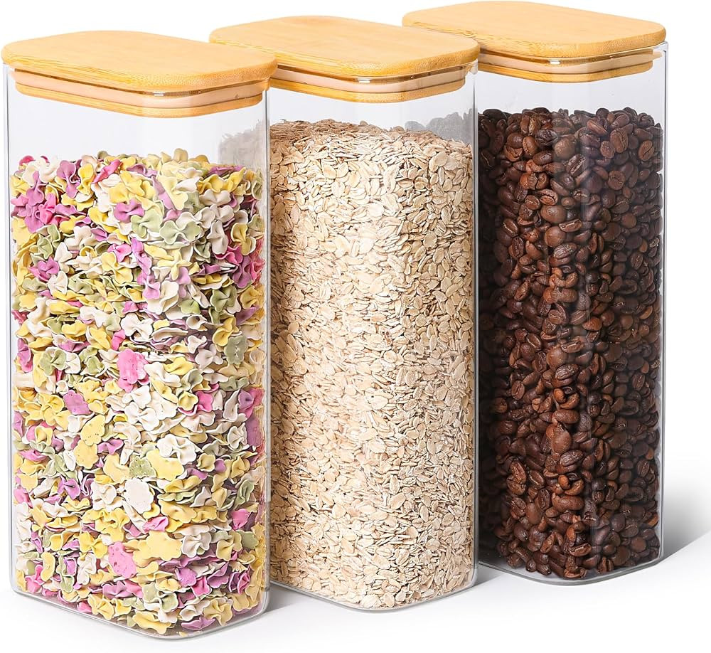 ComSaf 63oz Rectangle Glass Storage Containers with Lids, Glass Jars with Bamboo Lids, Clear Food... | Amazon (US)