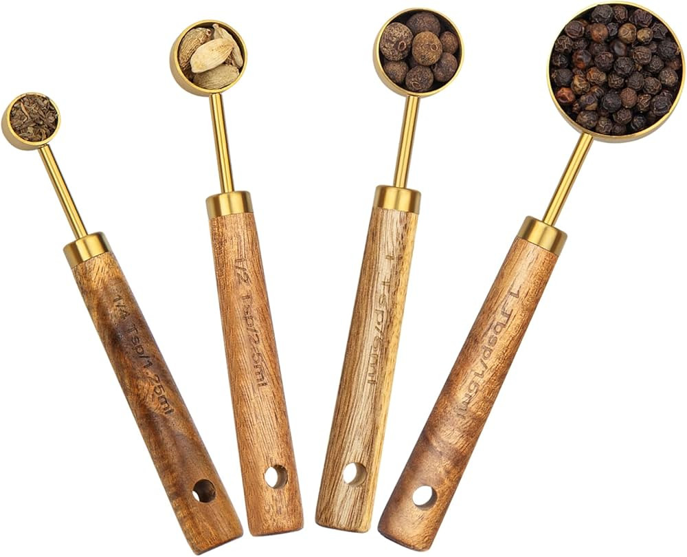 Measuring Spoons Set of 4, Golden Stainless Steel Measuring spoon with Wooden Handle, Kitchen/Foo... | Amazon (US)