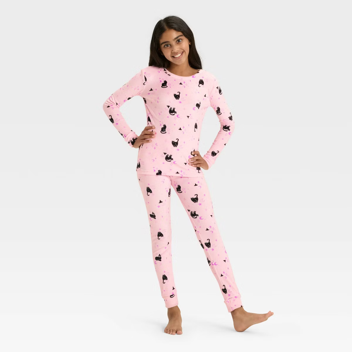 Kids' Long Sleeve Halloween Witch Cats Snuggly Soft Pajama Set - Cat & Jack™ Pink 14 | Target