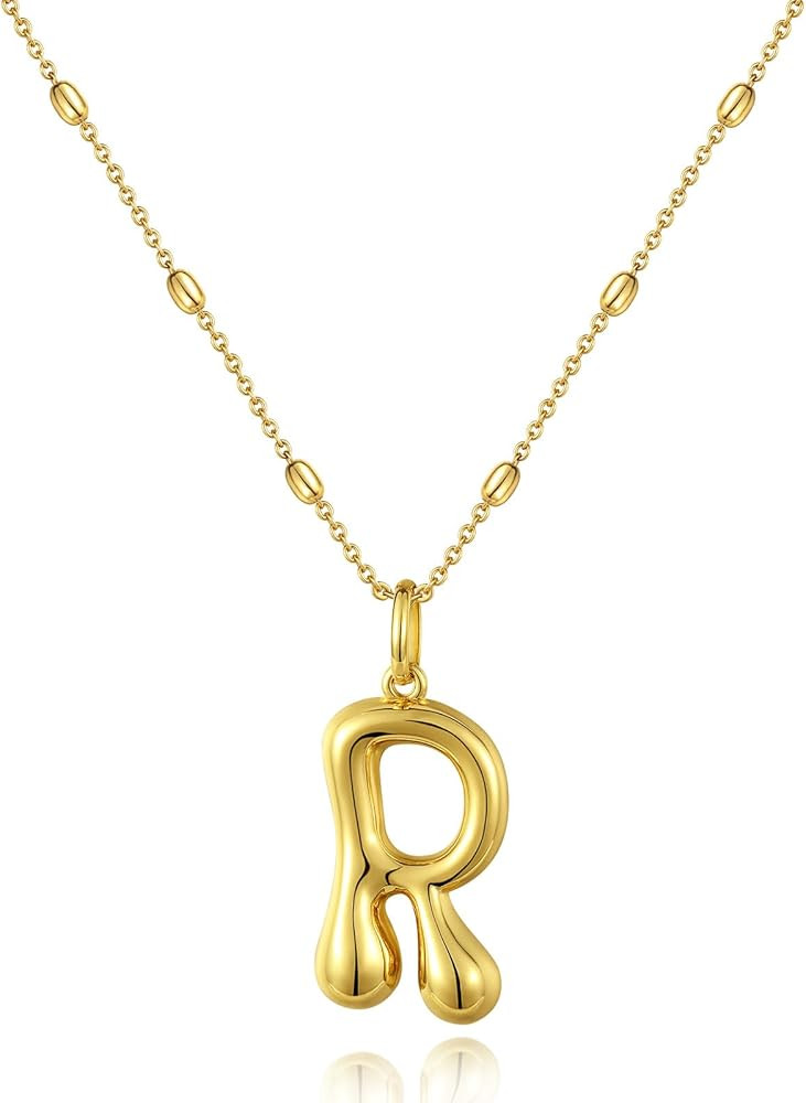 KissYan Bubble Letter Necklace,14K Gold Plated Balloon Initial Pendant with Bead Chain Dainty Jew... | Amazon (US)
