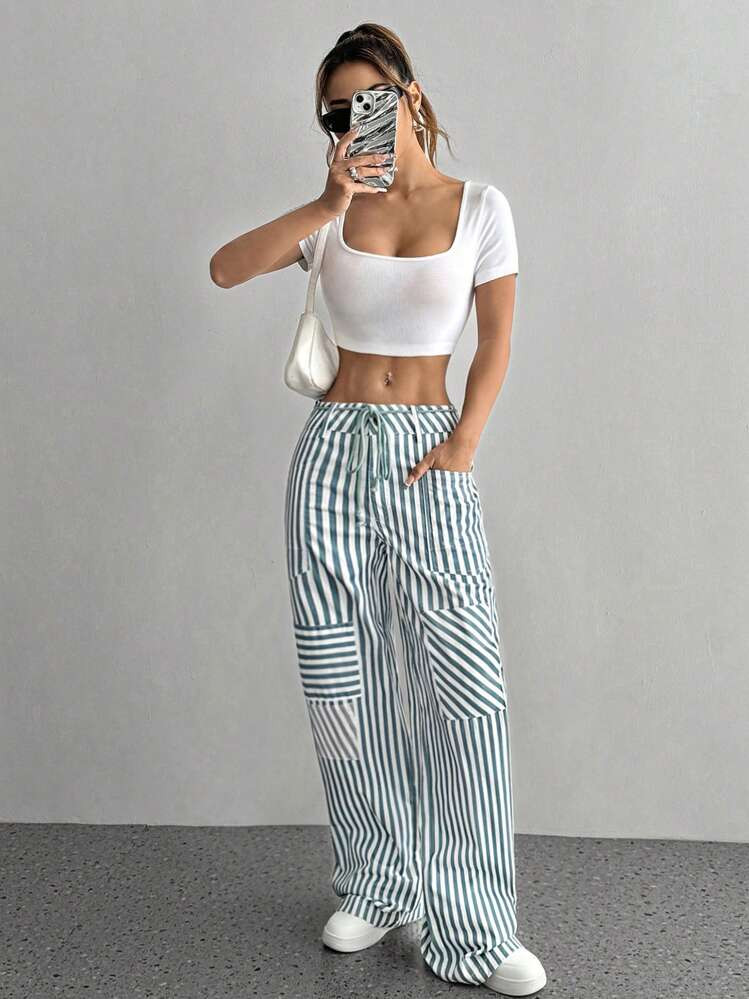 Flirla Striped Print With Pocket Knot Front Casual Straight Pants | SHEIN