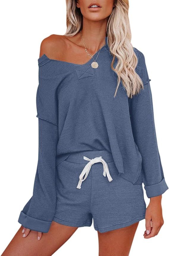 MEROKEETY Women's Long Sleeve Pajama Set Henley Knit Tops and Shorts Sleepwear Loungewear | Amazon (US)