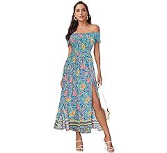 Floerns Women's Boho Floral Print Off Shoulder Split Long A Line Dress | Amazon (US)