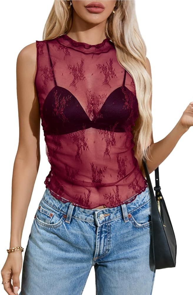 MEROKEETY Women's 2024 Sleeveless Sheer Mesh Crop Top Mock Neck Summer Sexy Lace Tank Y2K See Thr... | Amazon (US)