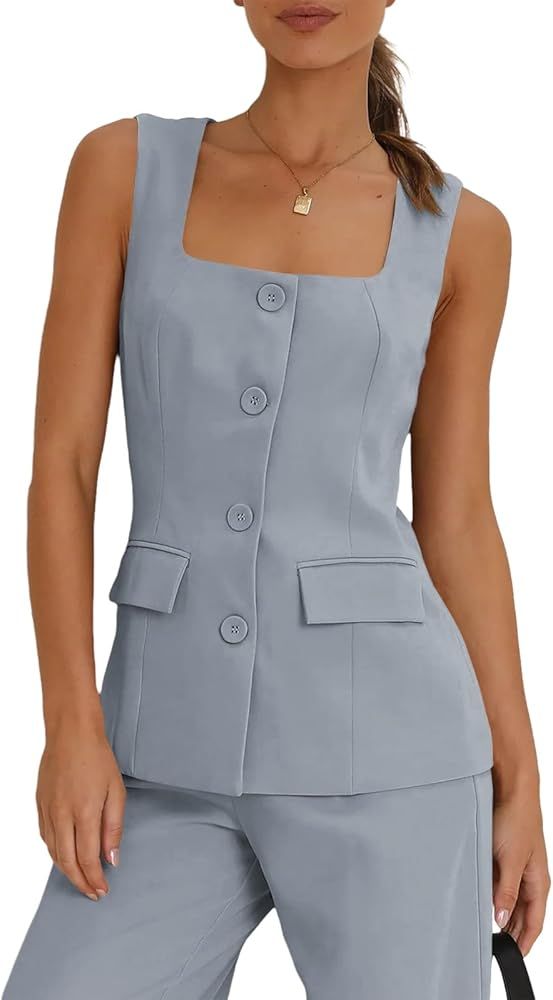 Tankaneo Women's Single Breasted Vests Square Neck Sleeveless Slim Fitted Work Office Waistcoats | Amazon (US)