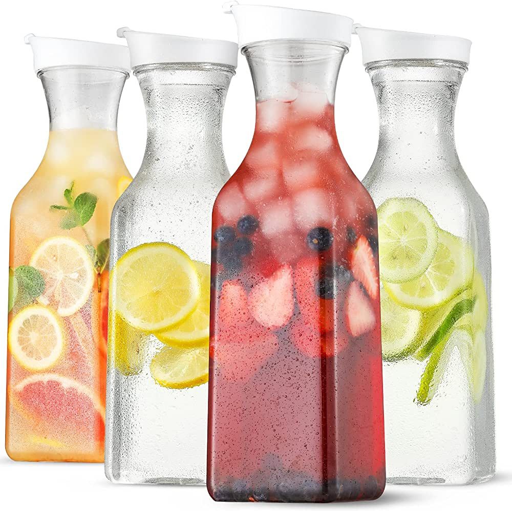 4 Pack Large 50 Oz Water Carafe with Flip Top Lid, Square Base Juice Containers, Clear Plastic Pi... | Amazon (US)