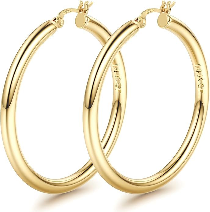 BESTEEL 14K Gold filled Chunky Hoop Earrings for Women 925 Sterling Silver Post Hollow Tube Hoops... | Amazon (US)
