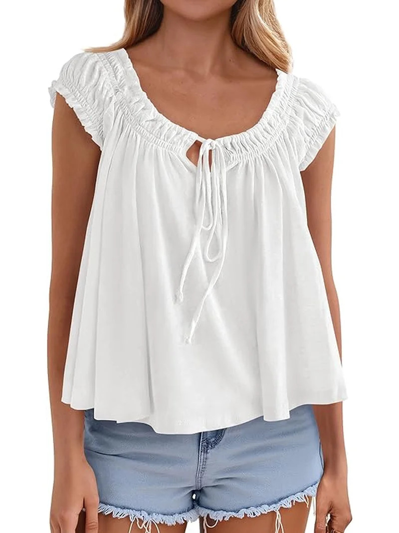 PRETTYGARDEN Womens Tie Front Tank Tops Summer Fashion Cap Sleeve Babydoll Blouses Flowy Shirts S... | Walmart (US)