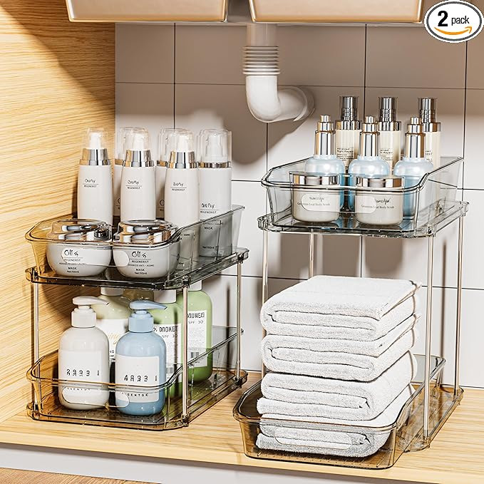 Delamu 2 Sets of 2-Tier Clear Under Sink Organizers and Storage, Multi-Purpose Stackable Bathroom... | Amazon (US)