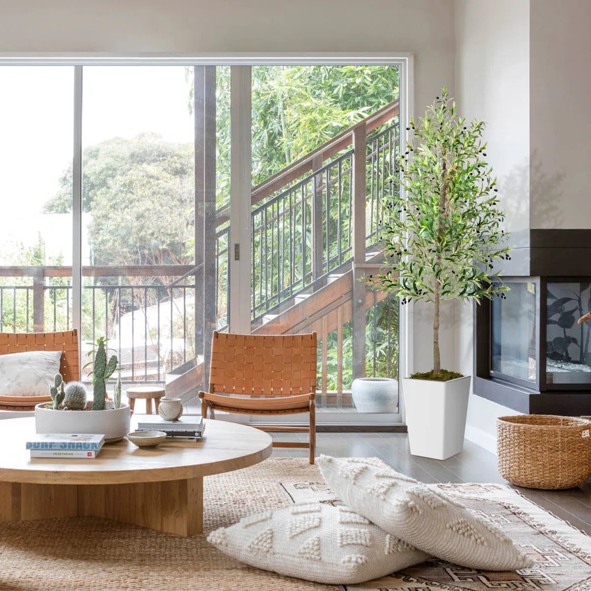 Primrue Paislee Artificial Olive Tree, Faux Olive Tree with Tall White Planter, Realistic Leaves ... | Wayfair North America