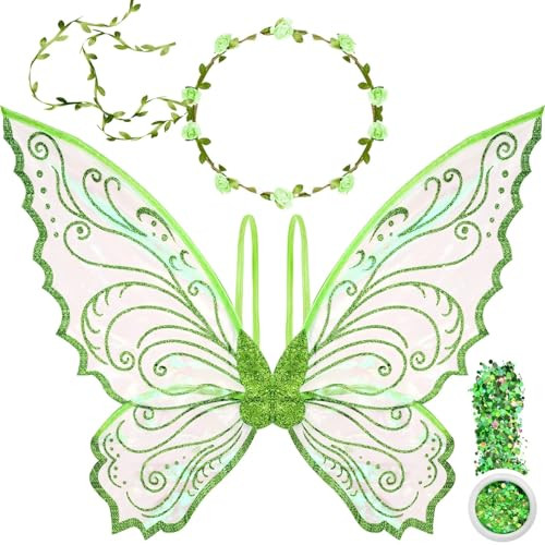 U-Goforst Fairy Costume Wings for Adults, Butterfly Wings for Girls Women, Halloween Costume Cosplay Dress Up, Sparkly Wings with Flower Crown and Glitter (Green) | Amazon (US)