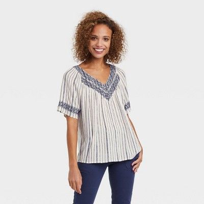 Women's Short Sleeve Embroidered Top - Knox Rose™ Ivory Striped | Target