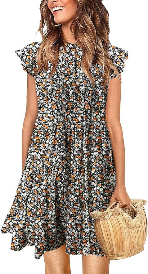 KIRUNDO Women’s Summer Sleeveless Ruffle Sleeve Crew Neck Floral Print Mini Dress Casual Loose ... | Amazon (US)