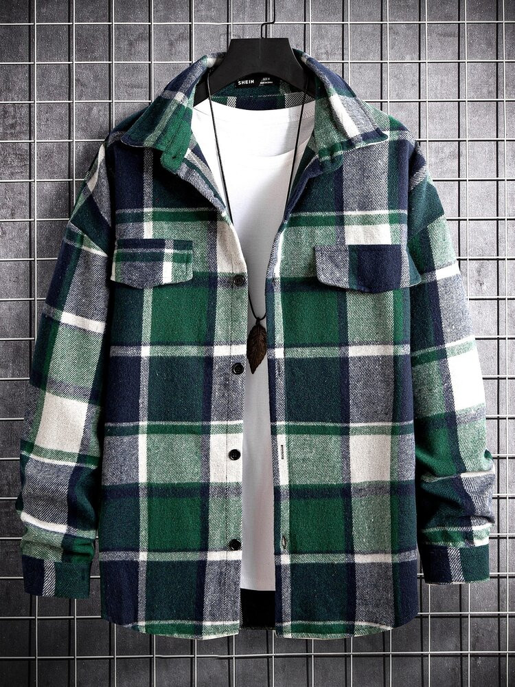 Men Plaid Flap Detail Drop Shoulder Overcoat Without Tee | SHEIN